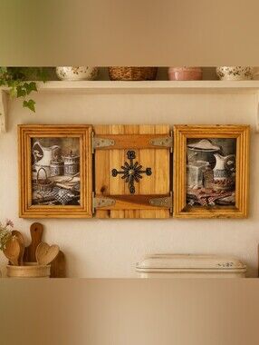 Vintage 1970s Wood Triptych Wall Clock & Dual Picture Frames | Rustic Farmhouse